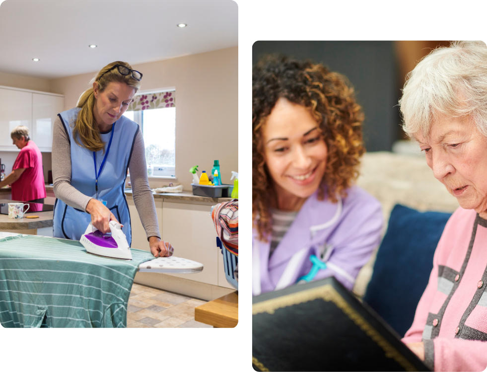 Two caregivers attending to elderly individuals. One caregiver is assisting an elderly woman with daily activities, while another caregiver is holding a notepad and smiling.
