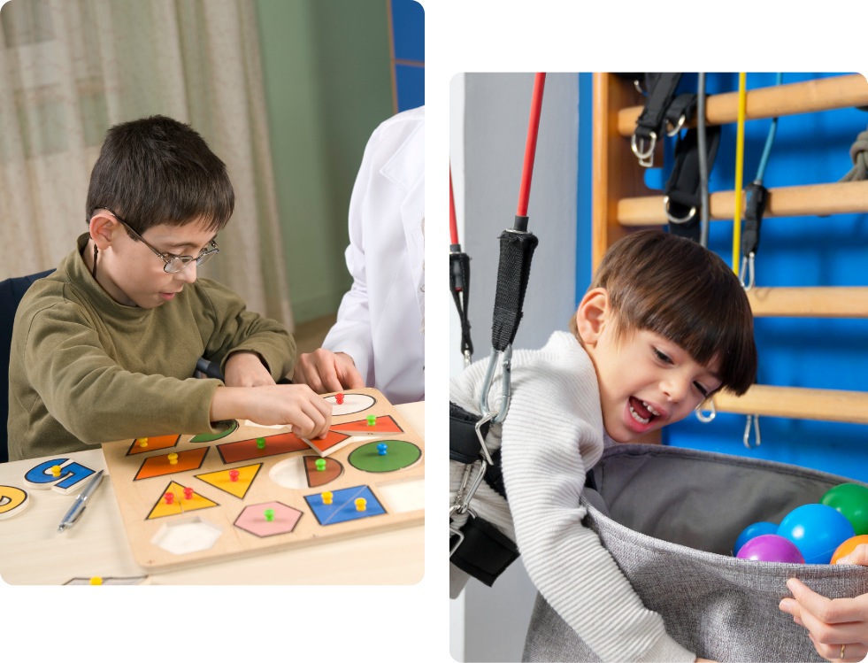 Two children with disabilities engaged in different activities, one focused on drawing and the other smiling while using assistive equipment.