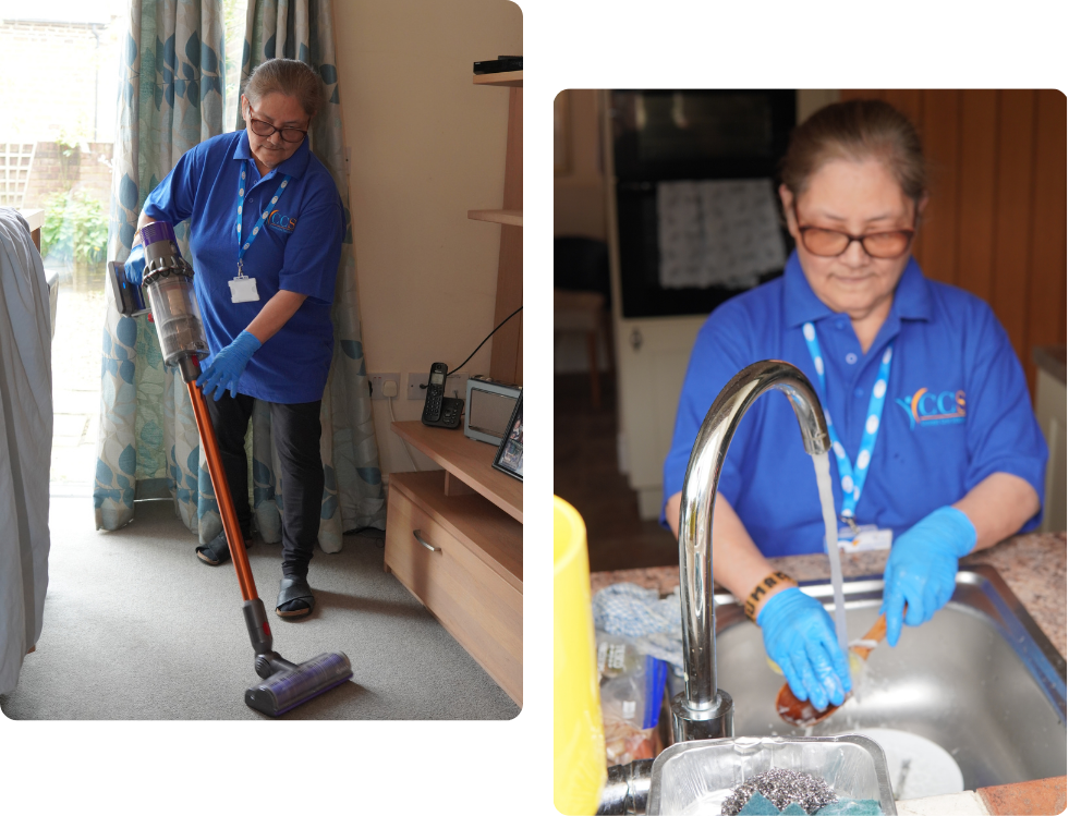 Home help staff assisting with household cleaning tasks.