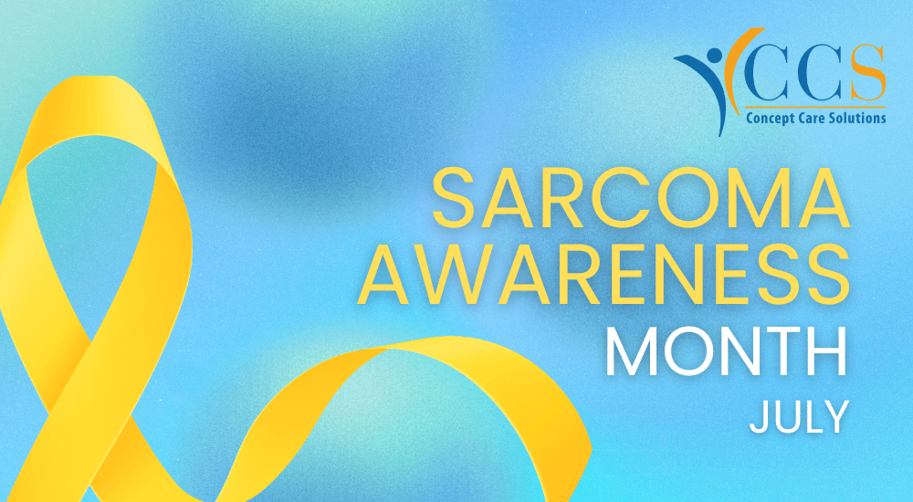 A graphic for Sarcoma Awareness Month in July, featuring a yellow ribbon on a blue background to raise awareness about sarcoma.