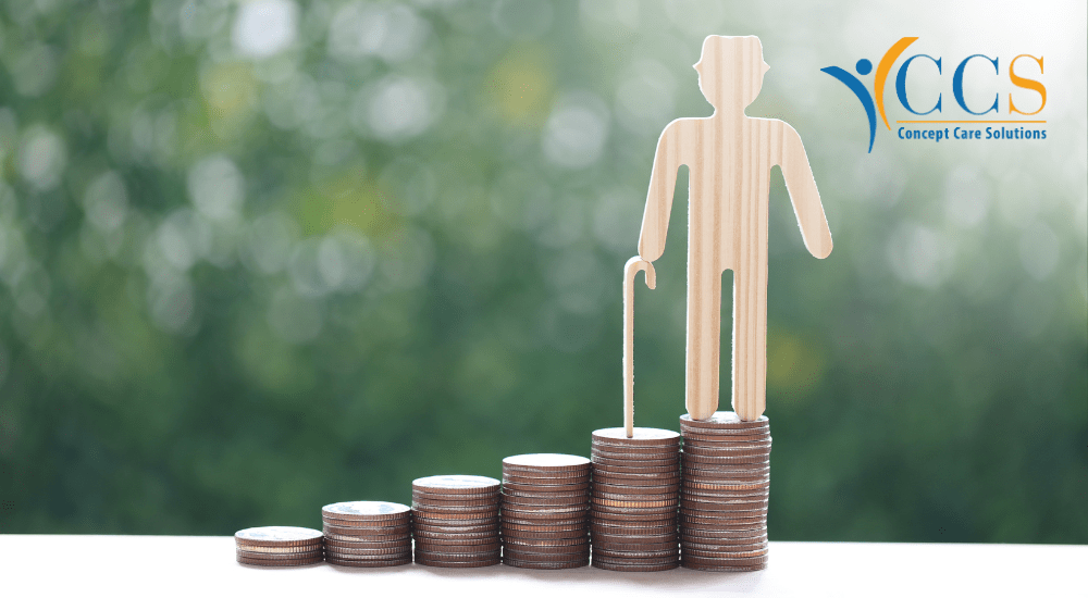 A wooden figure of an elderly person with a cane standing on stacks of coins, symbolising financial planning and funding for home care services.